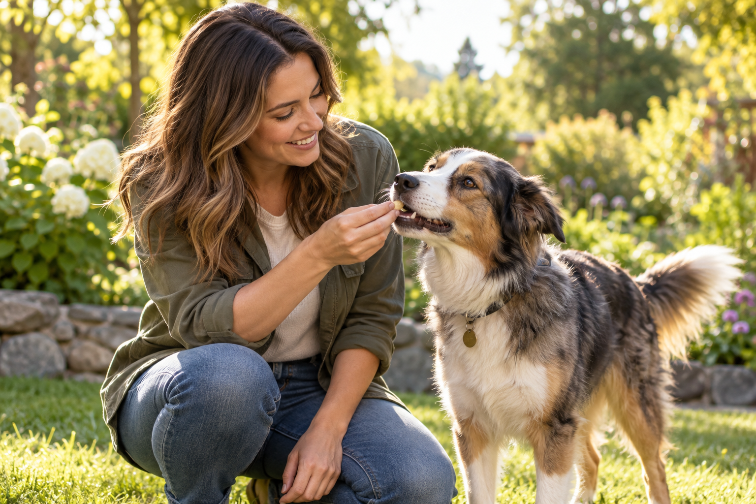 A woman rewarding an attentive dog with one small treat outdoors