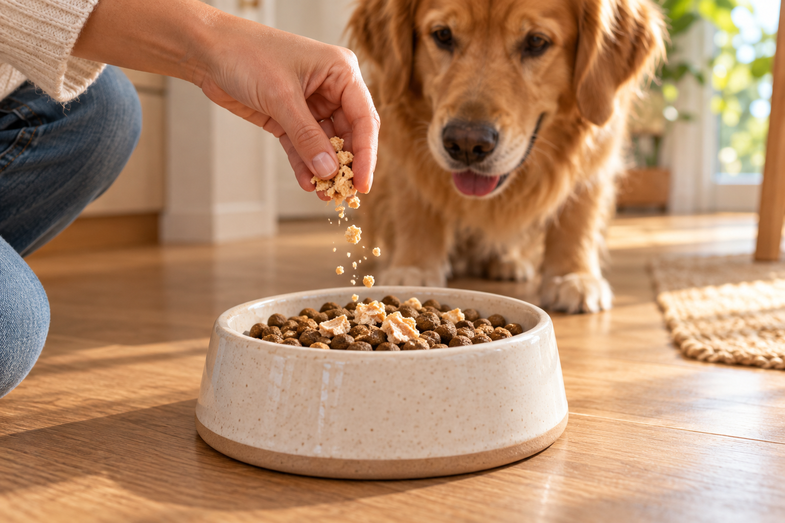 A hand adding a small sprinkle of crumbled treats to a bowl of dog food