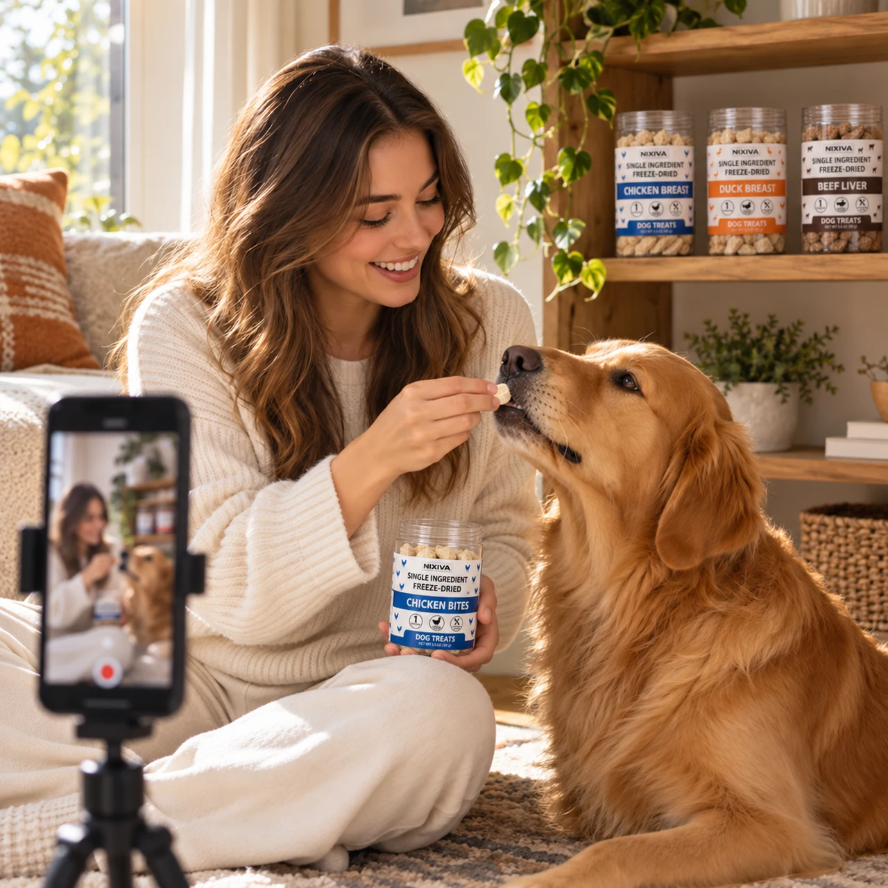 A creator holding a NIXIVA Chicken Bites jar while feeding her dog, with NIXIVA jars on the shelf