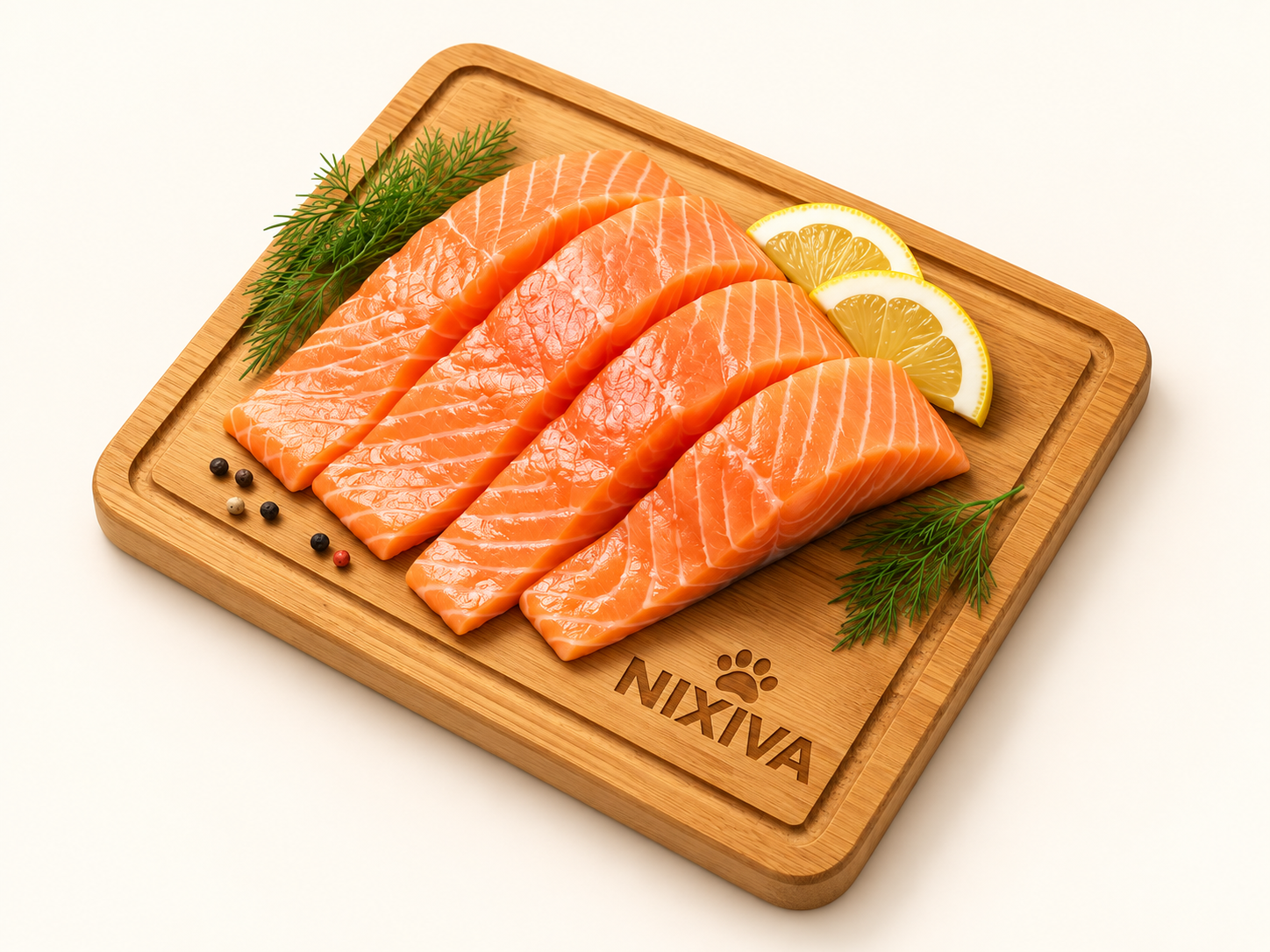 Raw salmon fillets on a board