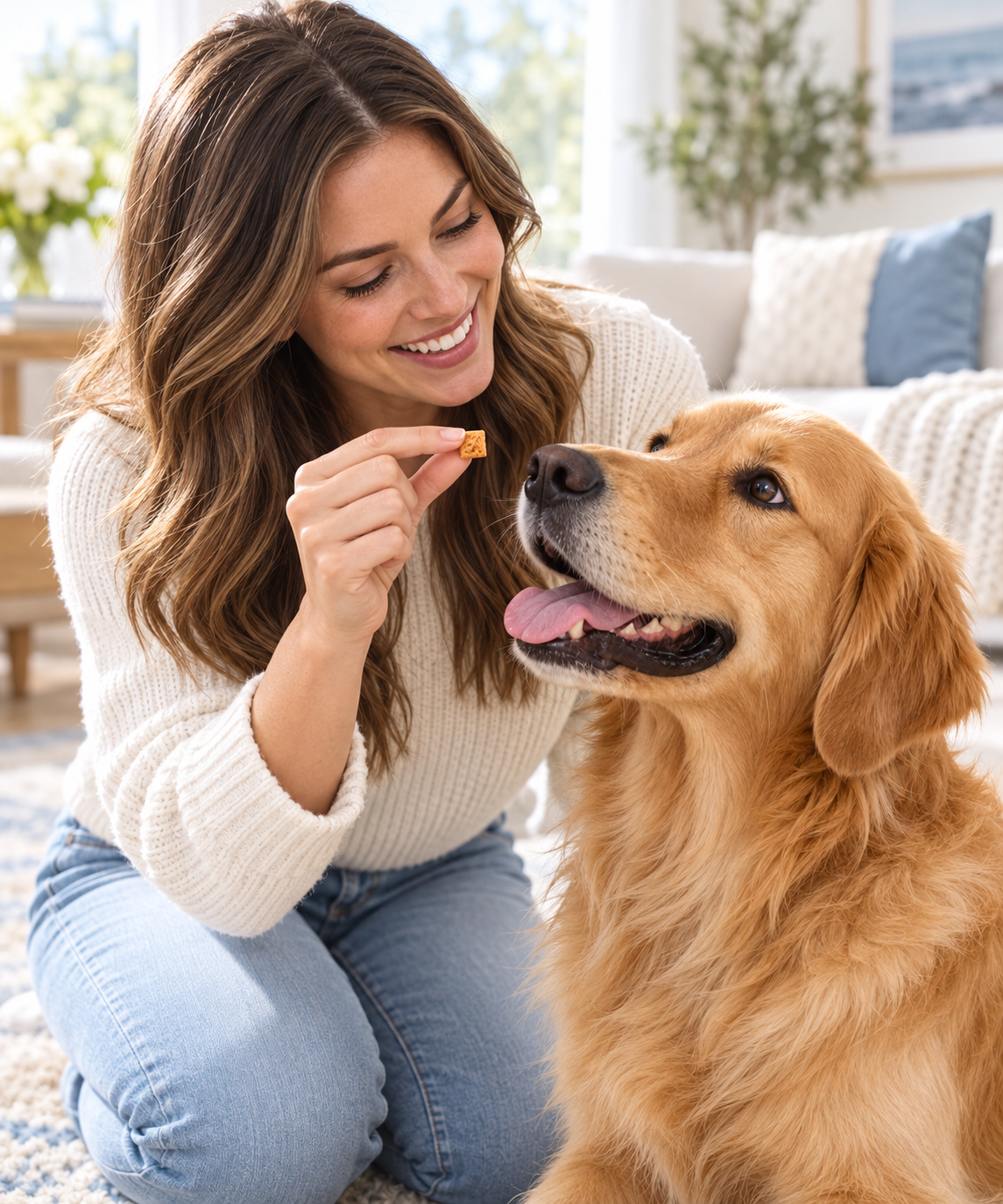 A dog being offered a Salmon Bites treat