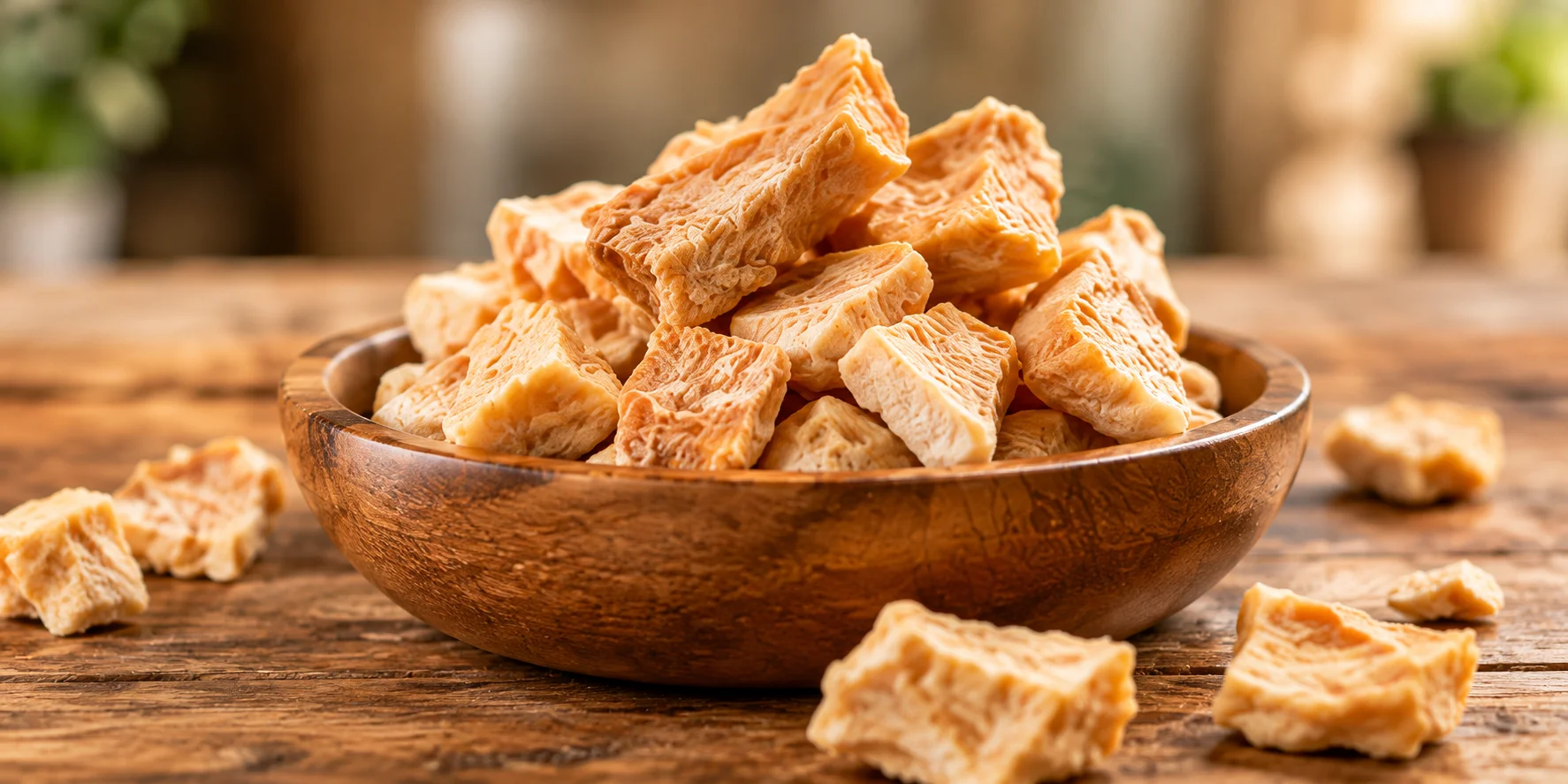 Freeze-dried chicken pieces in a wooden bowl