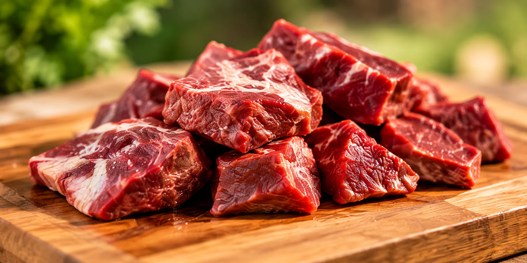 Fresh beef pieces on a wooden cutting board